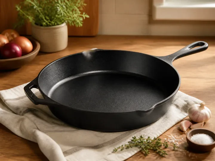 A black cast-iron skillet on a linen cloth in a warm kitchen.