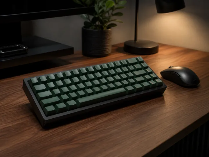 A compact unbranded mechanical keyboard on a tidy desk with a softly lit workspace.
