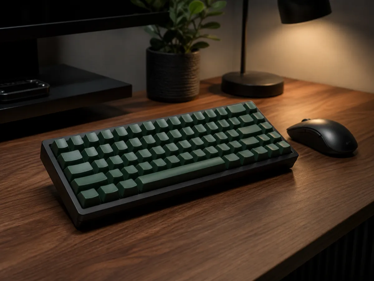 A compact unbranded mechanical keyboard on a tidy desk with a softly lit workspace.