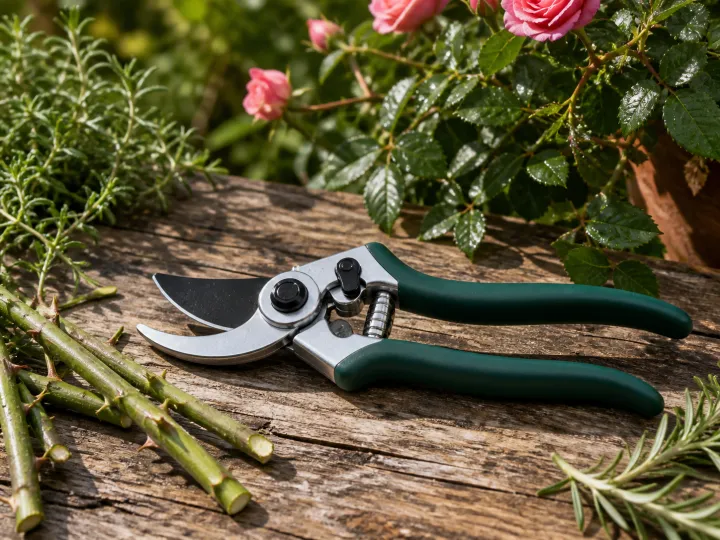 A clean pair of unbranded bypass pruning shears beside freshly cut garden stems.