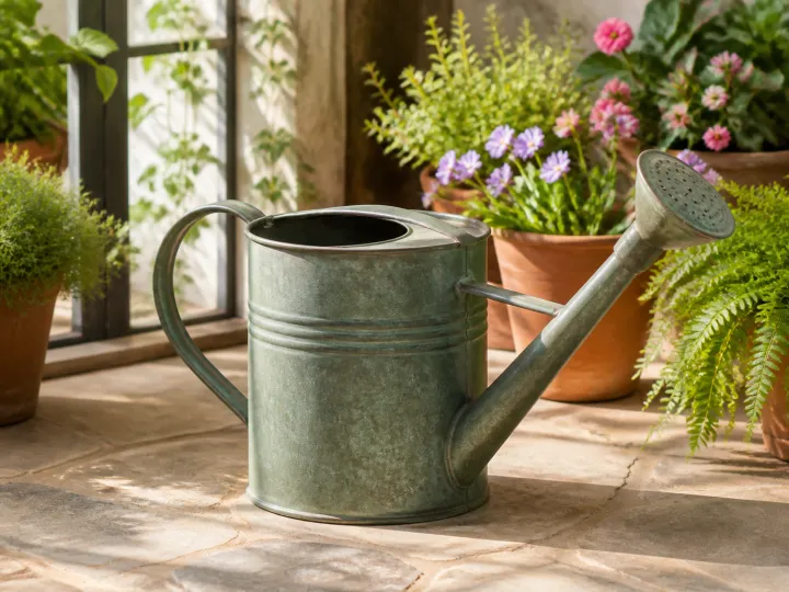 A well-balanced metal watering can beside healthy potted plants in a bright conservatory.