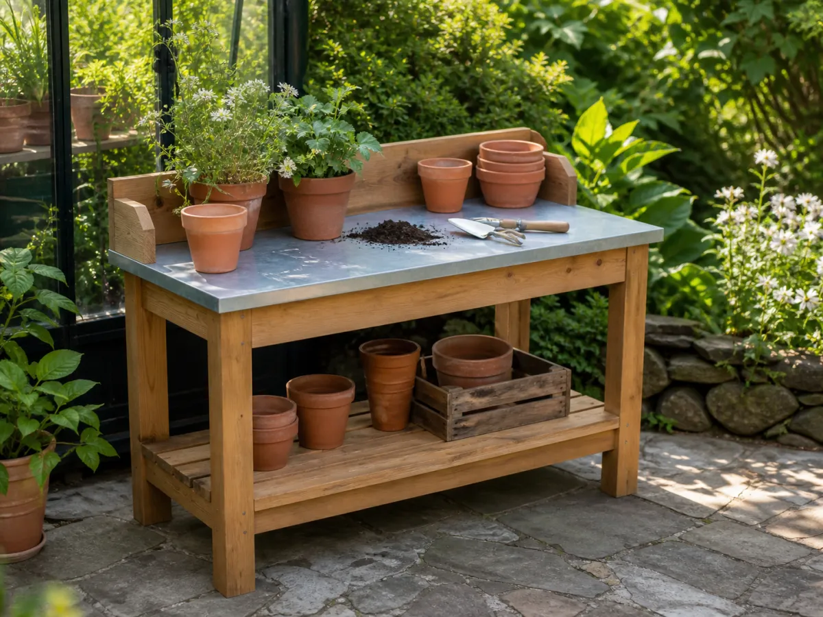 A sturdy wooden potting bench arranged with terracotta pots, soil and hand tools in a garden.