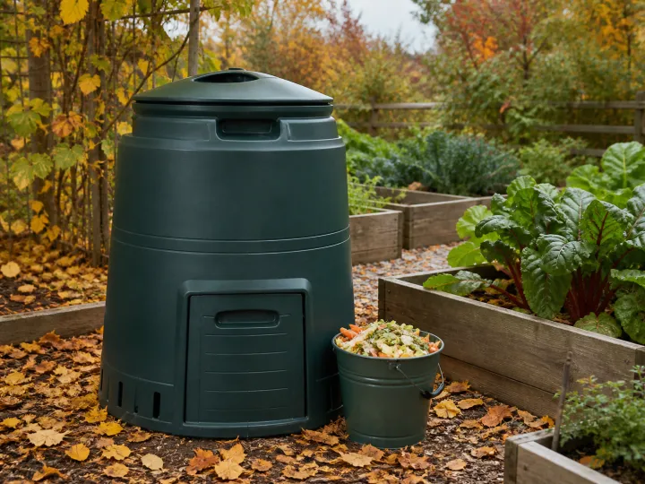 A discreet garden compost bin with a lid beside autumn leaves and a vegetable bed.