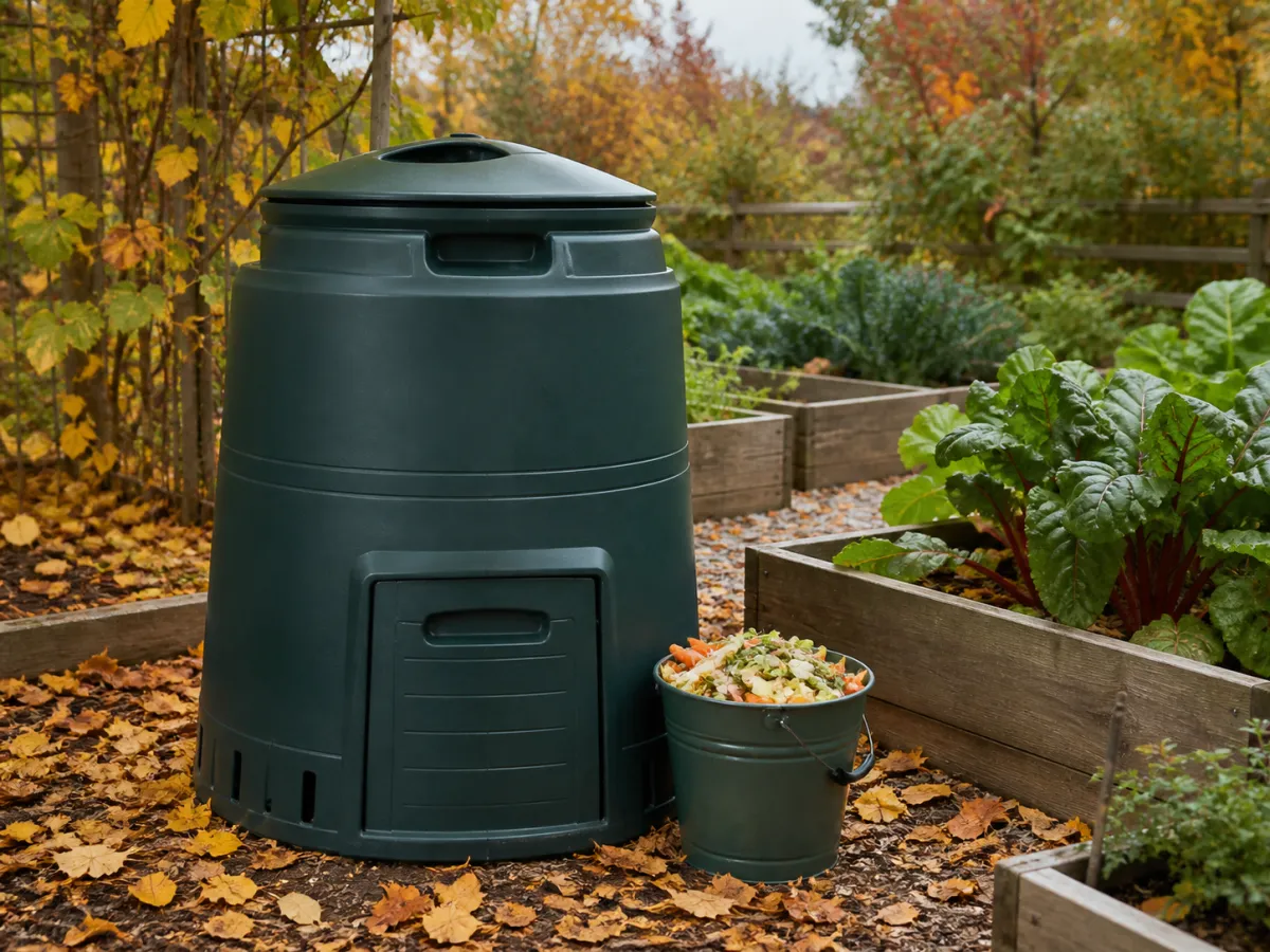 A discreet garden compost bin with a lid beside autumn leaves and a vegetable bed.
