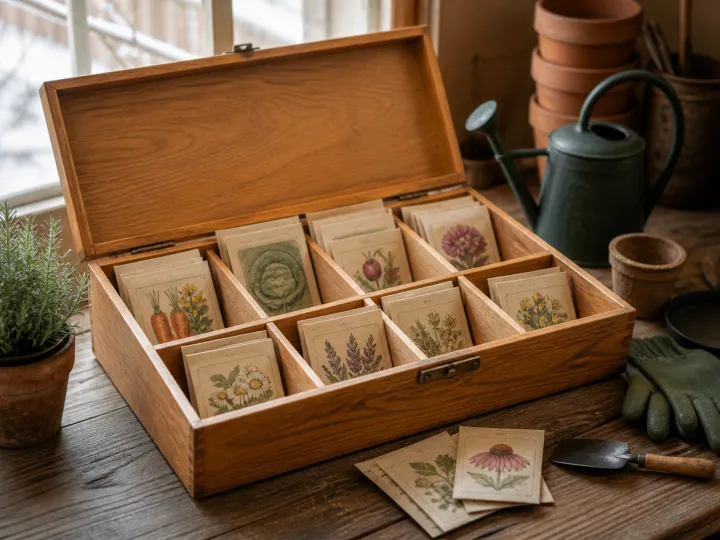 An open wooden seed organizer filled with unbranded illustrated seed packets and simple dividers.