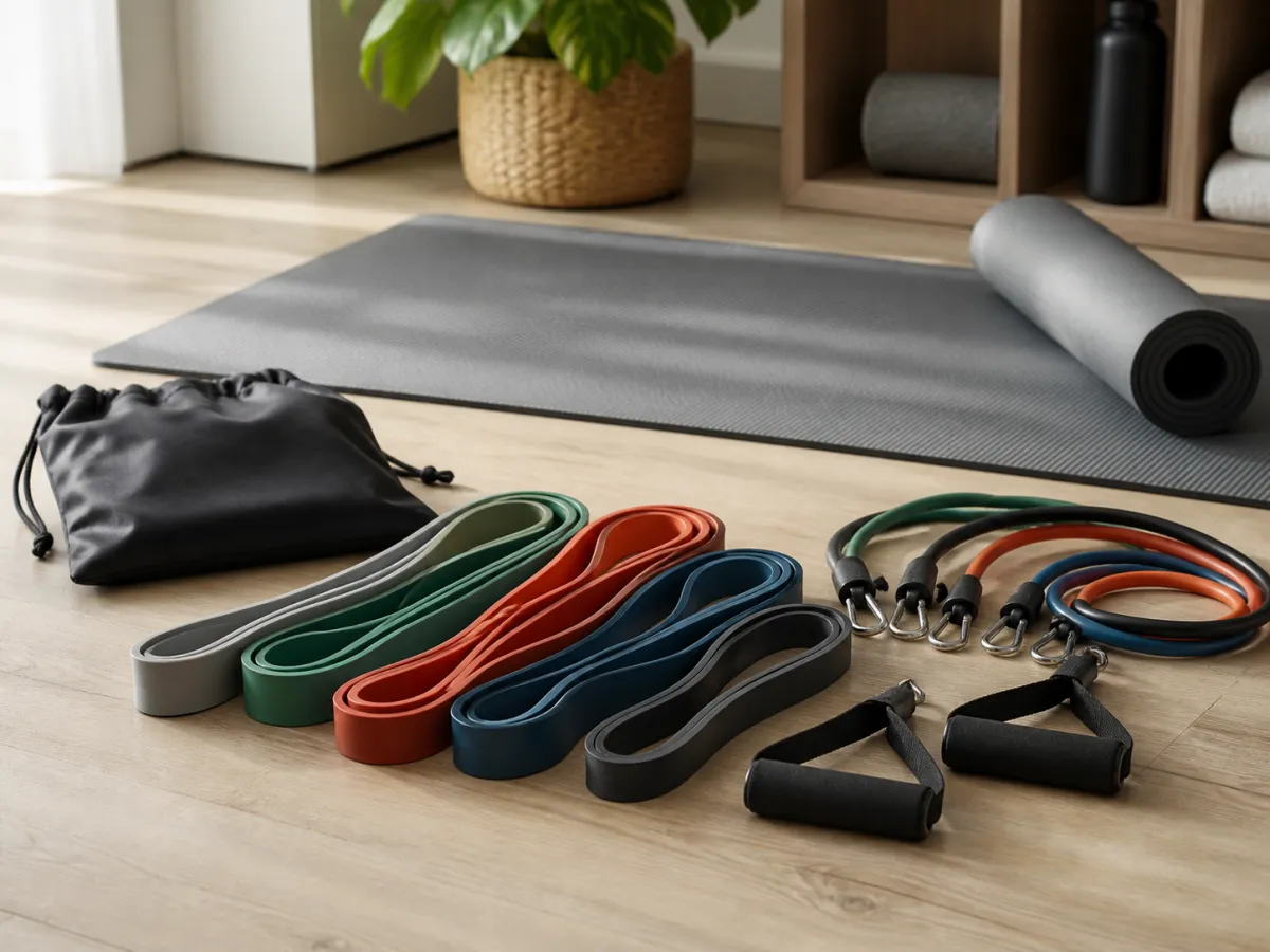 A set of plain resistance bands in several strengths arranged beside a workout mat.