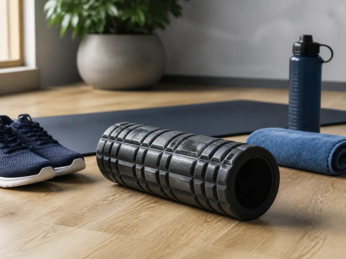 A textured foam roller beside training shoes and a folded towel in a calm workout space.