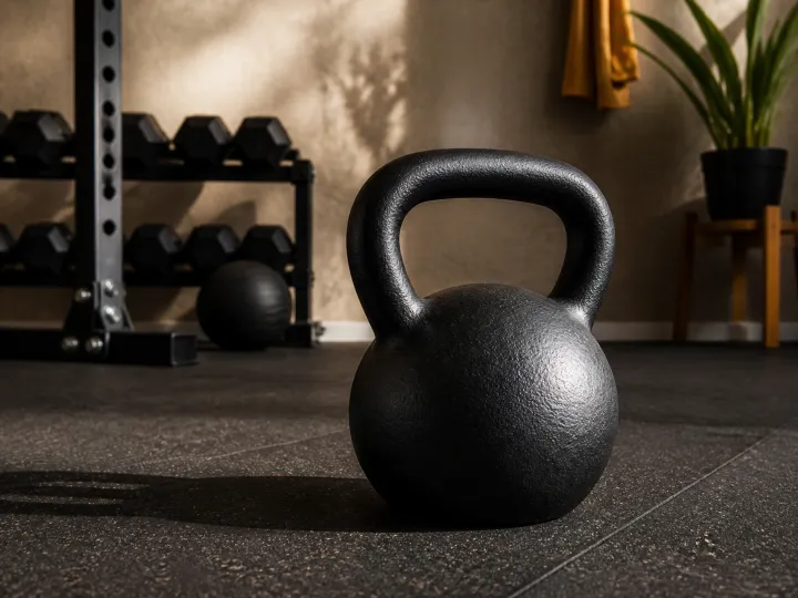 A single unbranded cast kettlebell on a rubber gym floor in natural side light.
