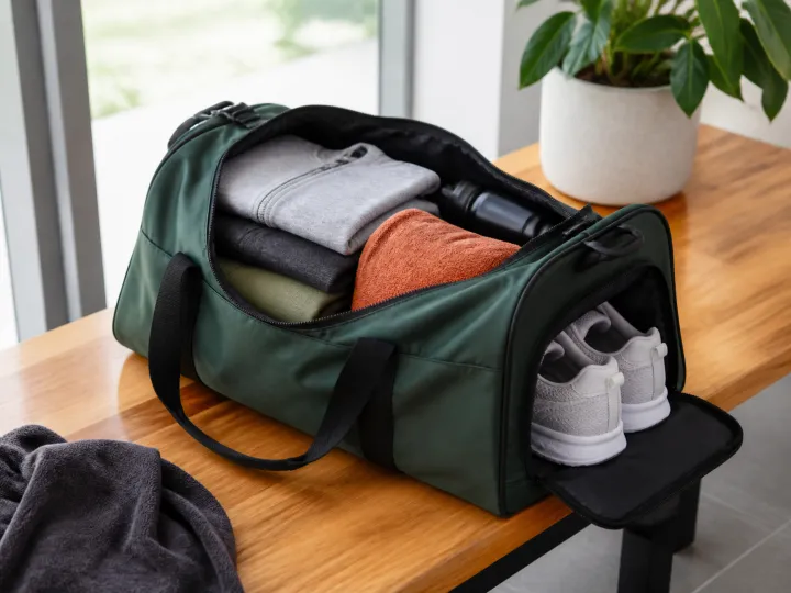 A structured unbranded gym bag open beside neatly packed workout clothes, shoes and a water bottle.