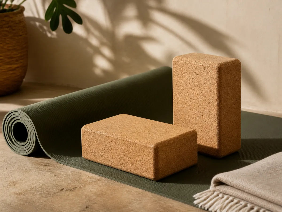 Two cork yoga blocks beside a rolled mat in a sunlit practice corner.