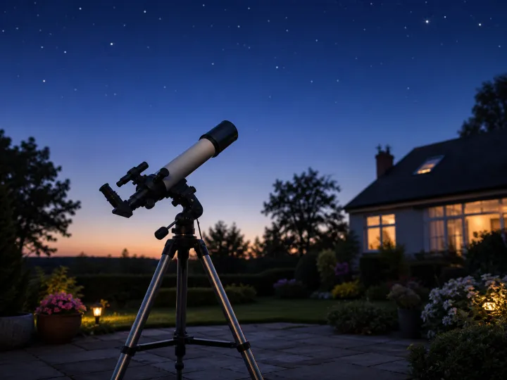 A compact unbranded telescope set up on a garden patio beneath a clear twilight sky.