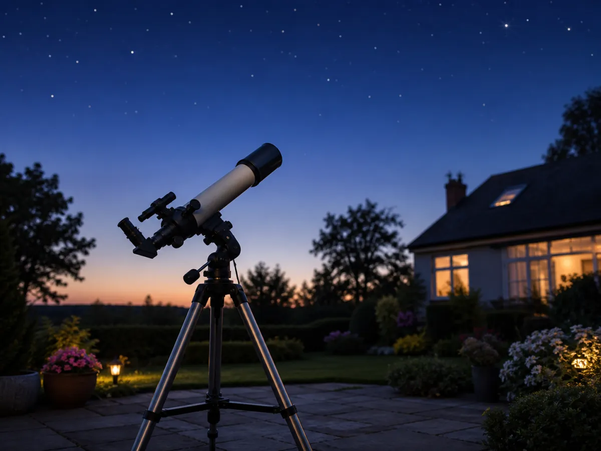 A compact unbranded telescope set up on a garden patio beneath a clear twilight sky.