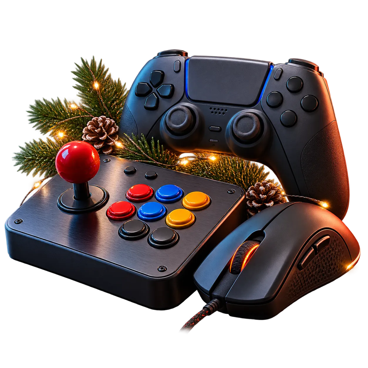 A game controller, arcade fight stick and gaming mouse with festive greenery and warm lights.