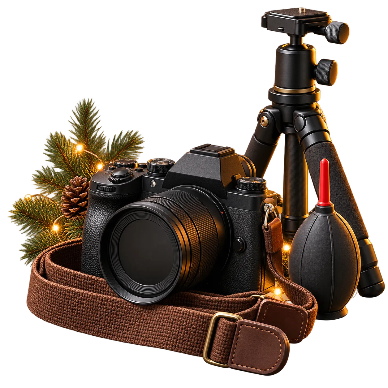 A camera with a woven strap, compact tripod and air blower beside festive greenery and warm lights.
