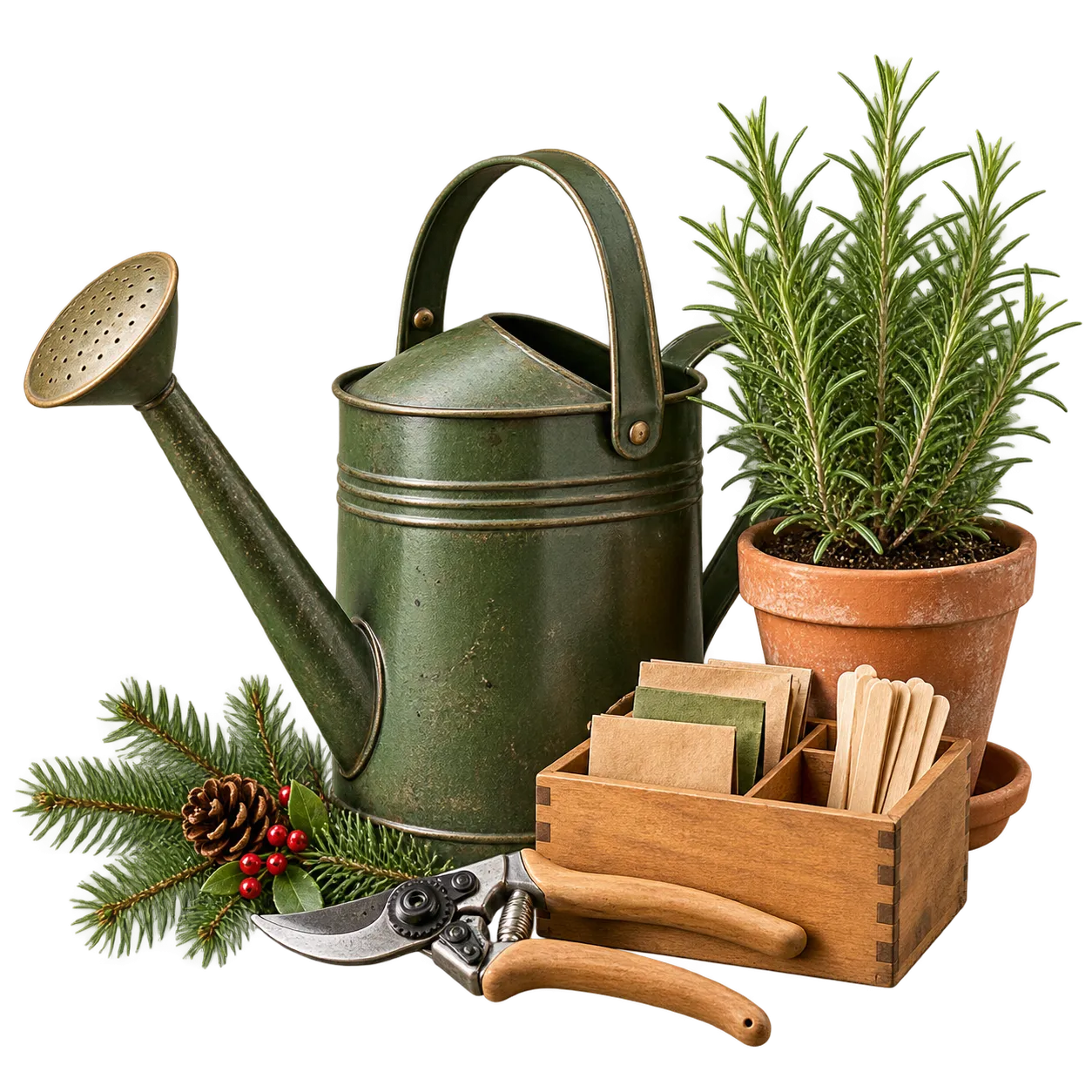 A watering can, pruning shears, rosemary plant and seed organizer with festive greenery.