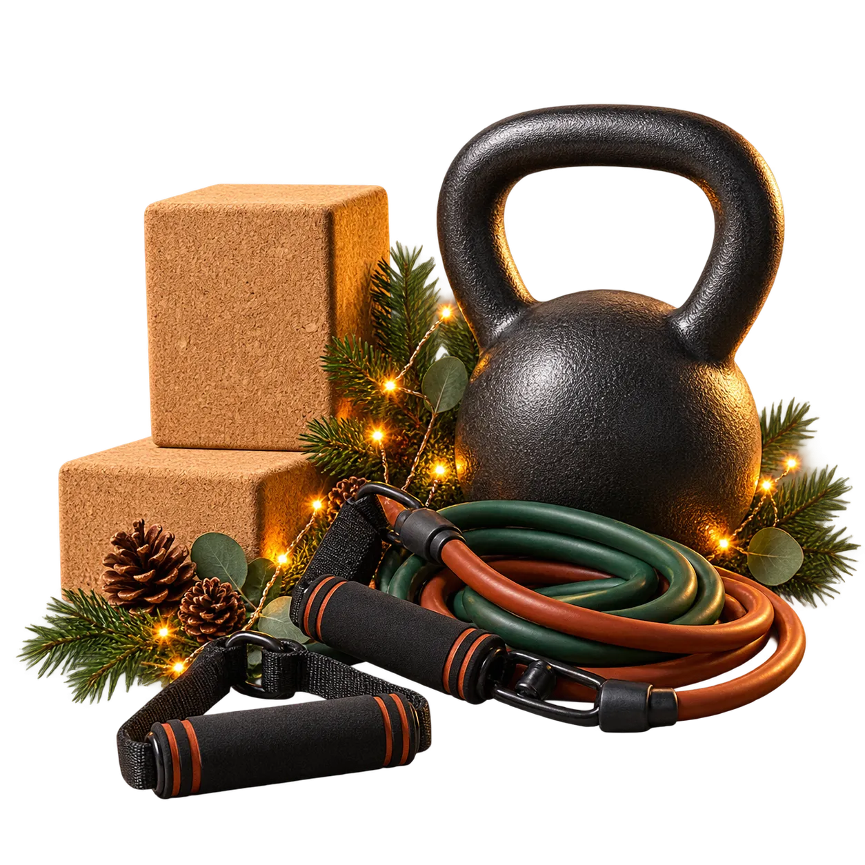 A kettlebell, cork yoga blocks and resistance bands with festive greenery and warm lights.