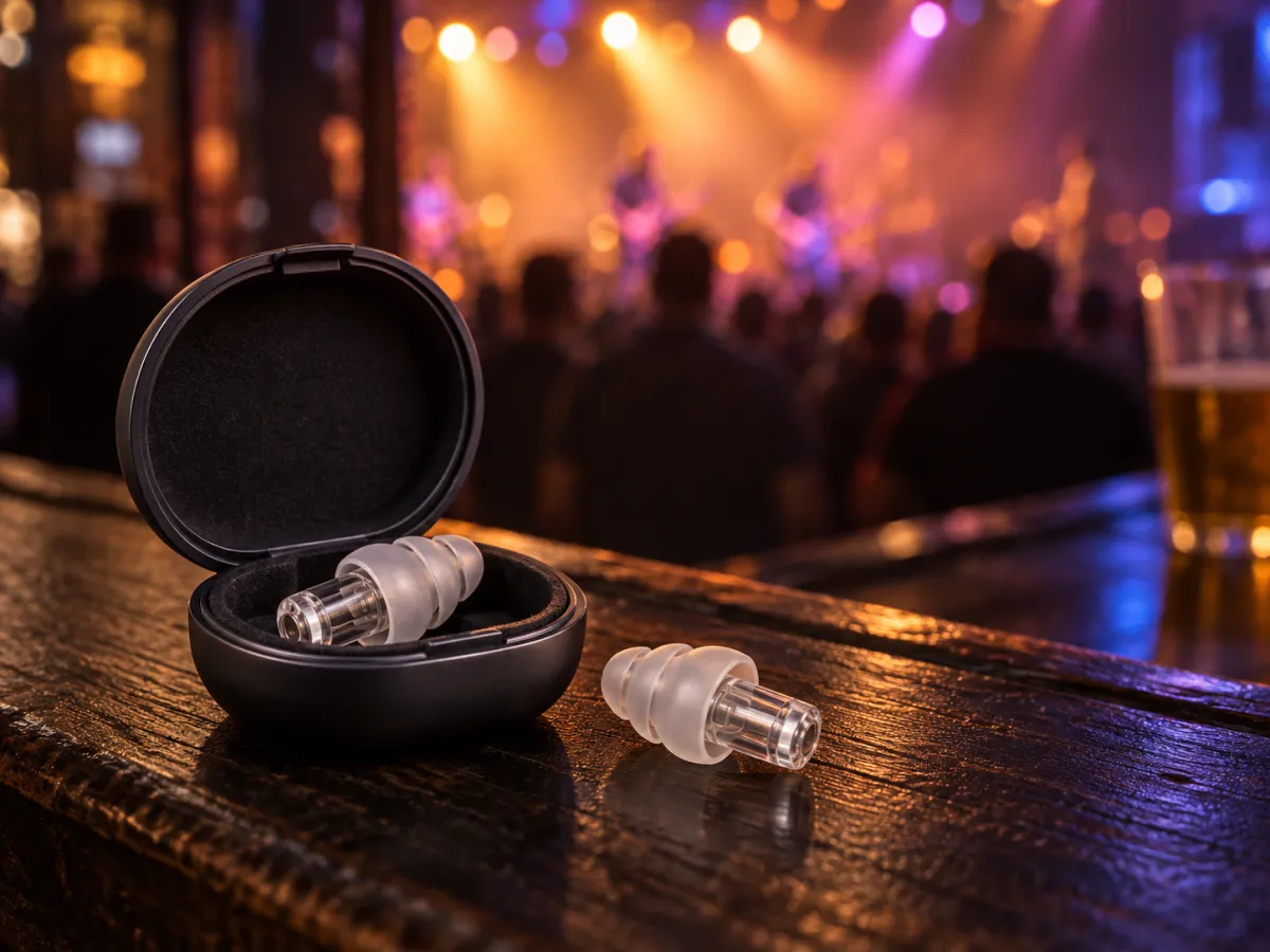 Reusable concert earplugs in an open case with a live band softly blurred behind them.