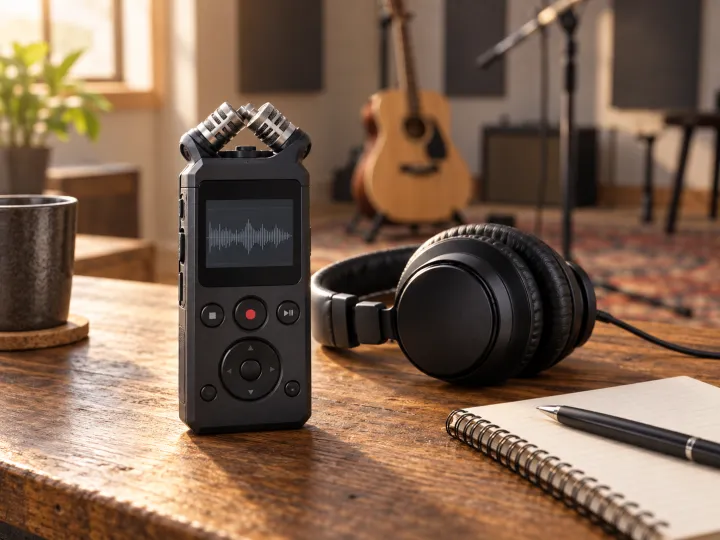 A portable digital audio recorder beside studio headphones and a notebook in a rehearsal room.