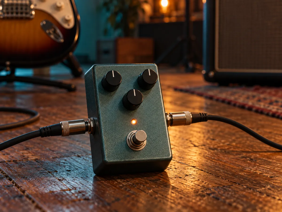 An unbranded guitar effects pedal connected by cables on a rehearsal-room floor.