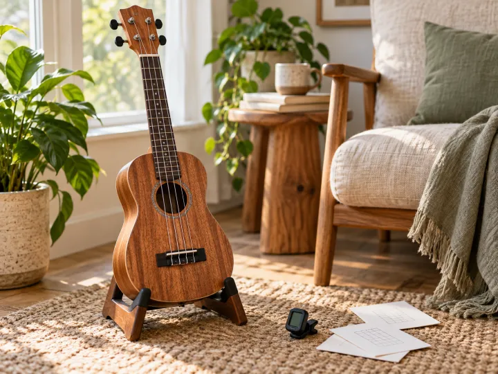 A natural-wood ukulele on a stand in a bright, relaxed home music corner.