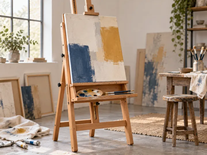 A sturdy wooden artist easel holding an abstract canvas in a bright painting studio.