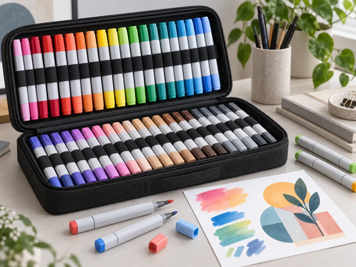 An open case of colorful dual-tip alcohol markers beside blended illustration swatches.