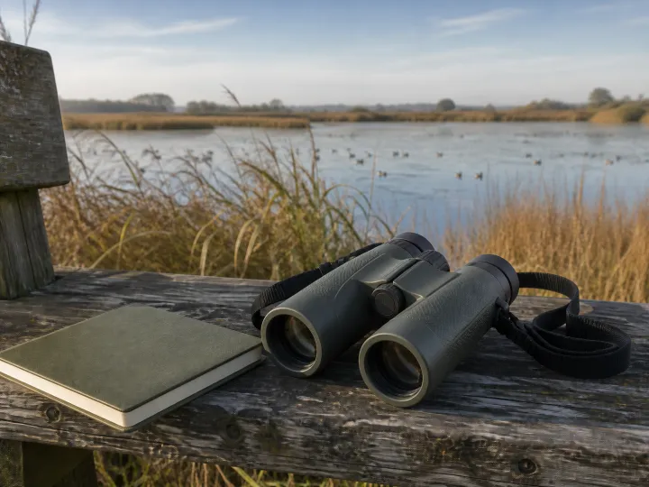 Unbranded binoculars beside a field guide on a wooden bench overlooking a natural wetland.