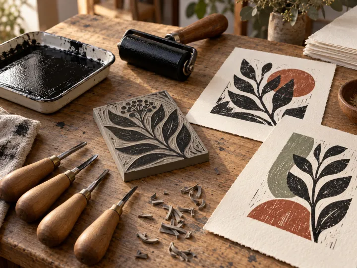A carved linoleum block, brayer and gouges beside freshly pulled botanical prints.