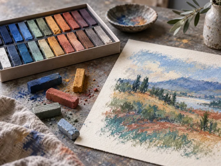 Dry soft pastel sticks and pigment dust beside a layered landscape drawing on textured paper.