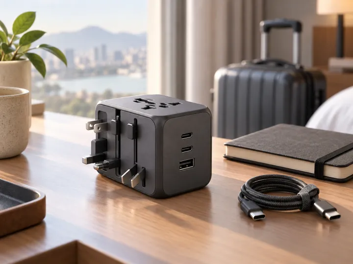 A compact universal travel adapter with multiple plug types and USB ports on a hotel desk.
