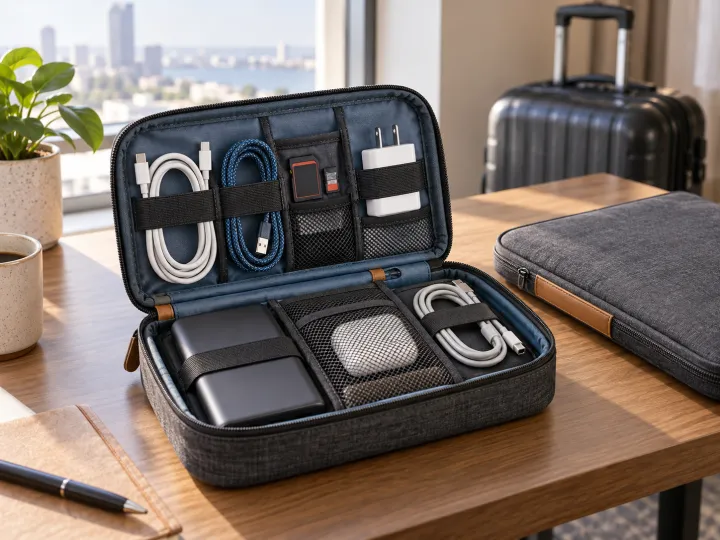 An open travel tech organizer neatly holding chargers, cables, a power bank and memory cards.