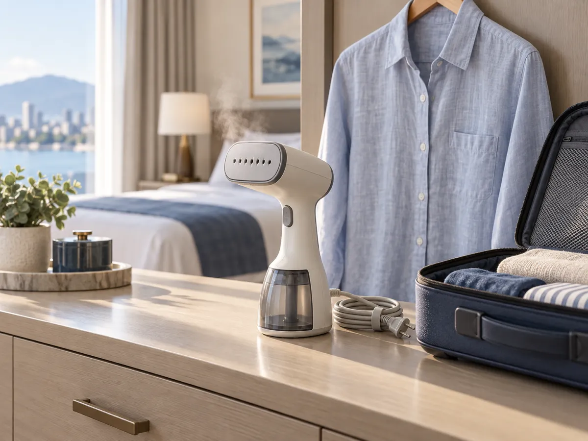 A compact handheld garment steamer beside a hanging linen shirt and open carry-on suitcase.