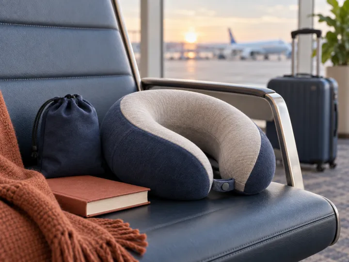 A supportive travel neck pillow with its carry pouch on an airport lounge chair.