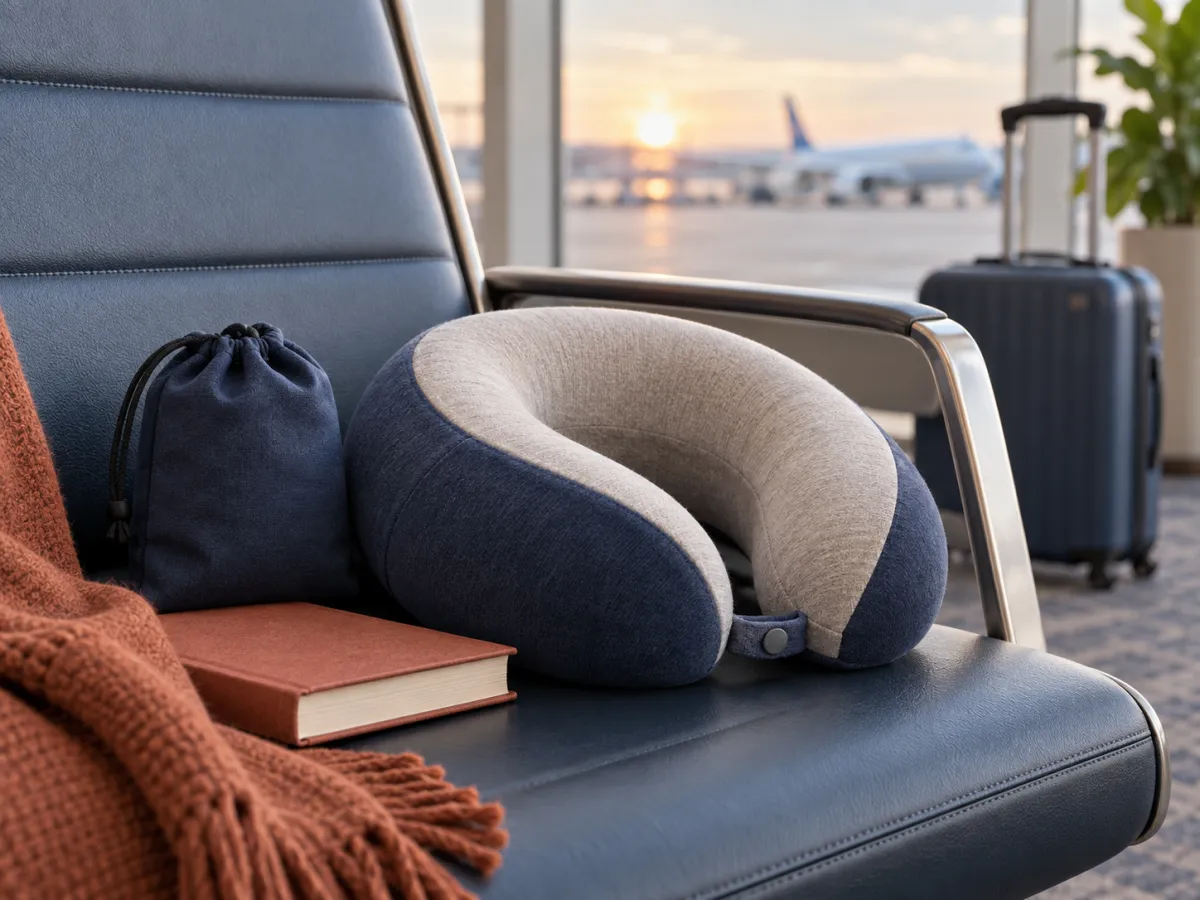 A supportive travel neck pillow with its carry pouch on an airport lounge chair.