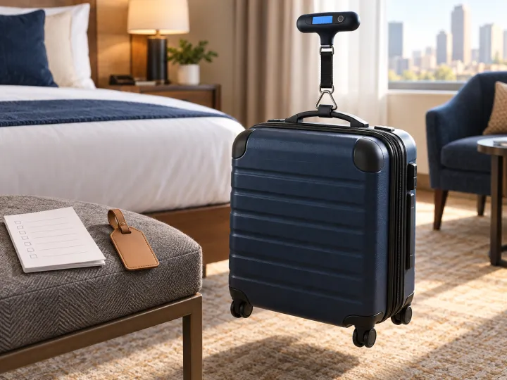 A handheld digital luggage scale lifting a carry-on suitcase slightly above a hotel-room floor.