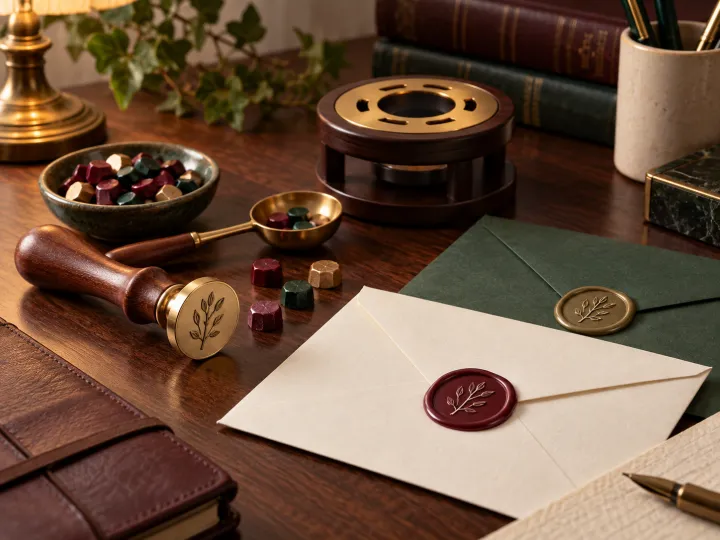 A brass botanical wax seal stamp, melting spoon and colored wax beside sealed blank envelopes.