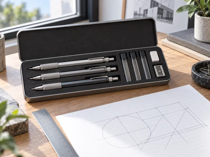Three metal mechanical pencils with lead refills, eraser and sharpener in a slim open case.