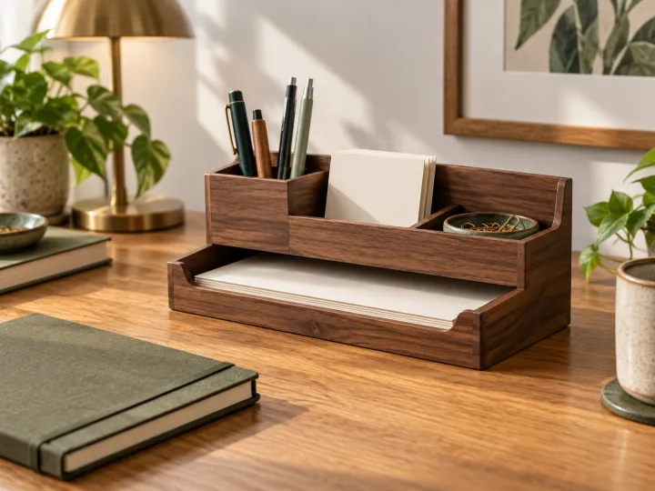 A walnut desk organizer holding pens, blank note cards, paper clips and a slim letter tray.