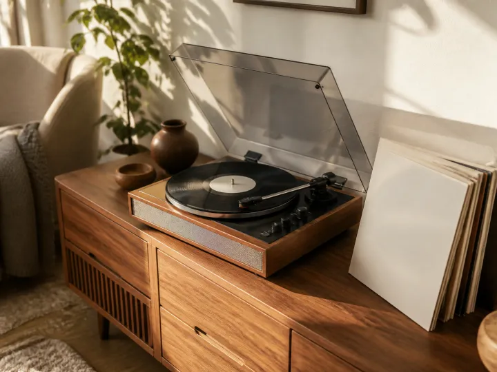 An unbranded record player with a vinyl record in a warm living room listening corner.