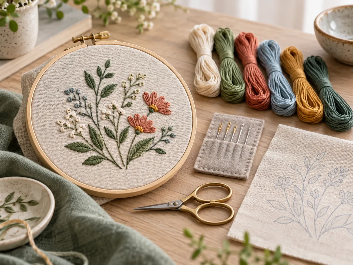 A bamboo hoop with botanical hand embroidery beside floss, needles, scissors and marked linen.