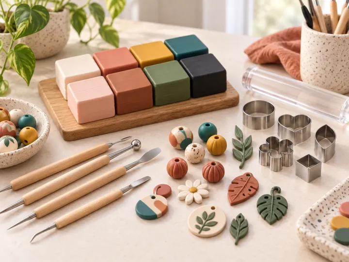 Colorful polymer clay blocks, sculpting tools, cutters and finished botanical charms on a craft table.