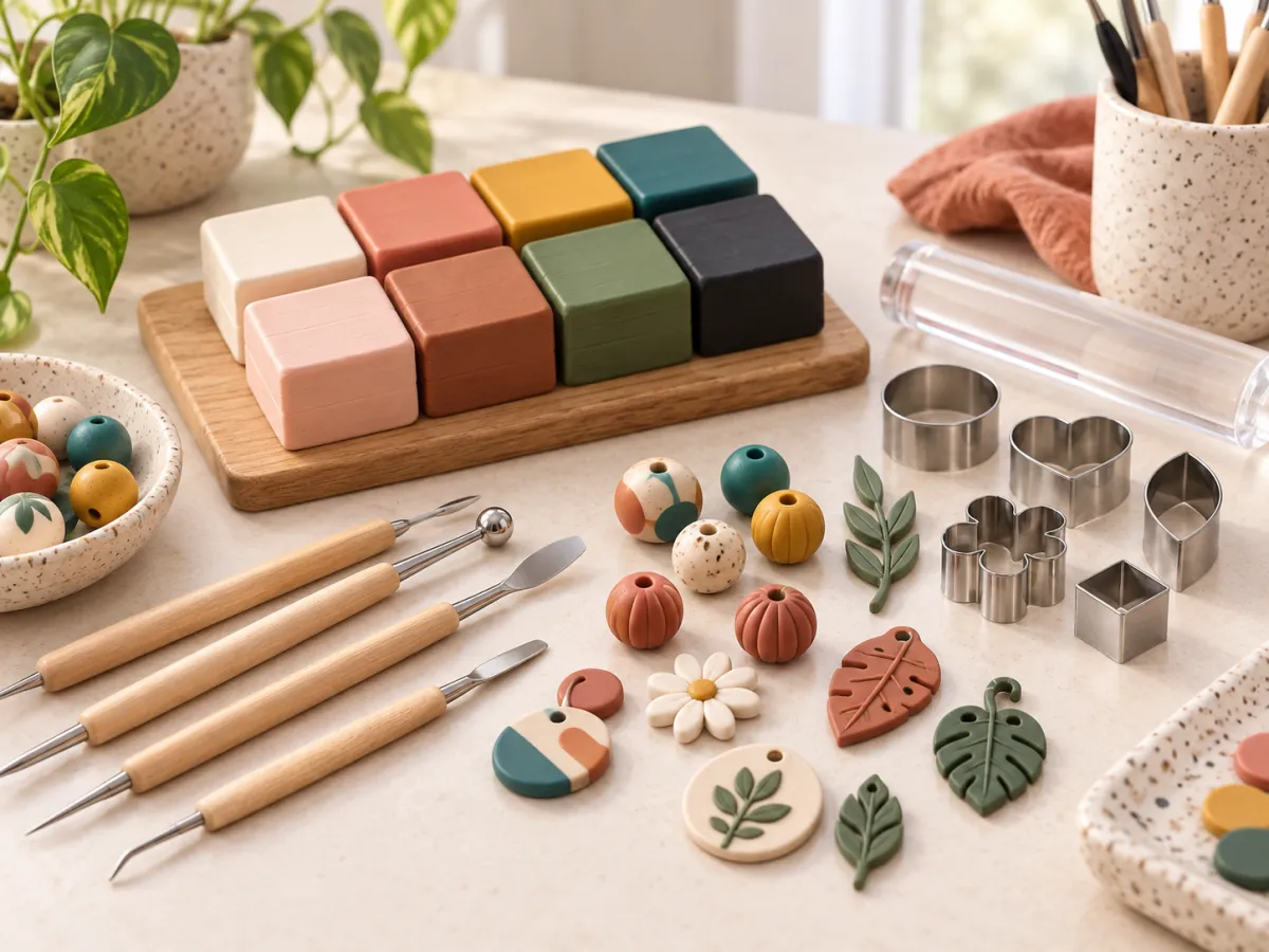 Colorful polymer clay blocks, sculpting tools, cutters and finished botanical charms on a craft table.