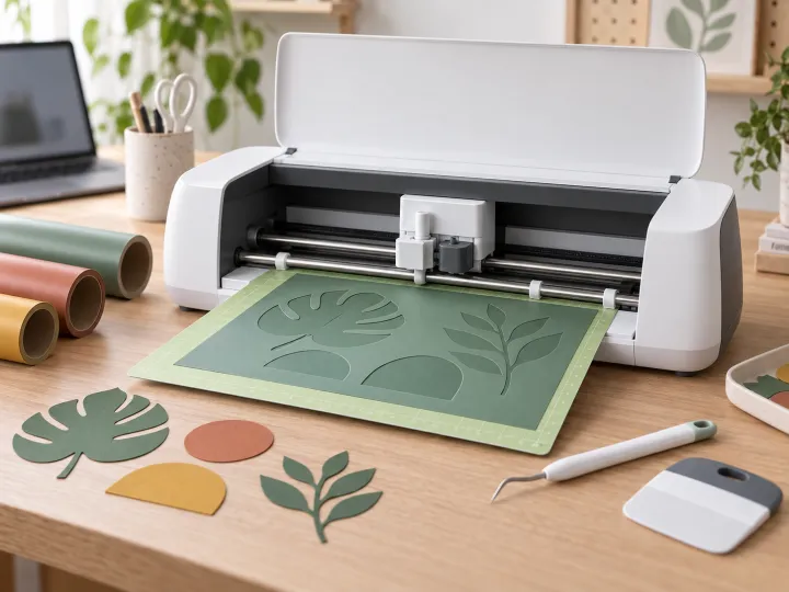A smart craft cutting machine feeding a mat of botanical paper shapes on a maker’s desk.
