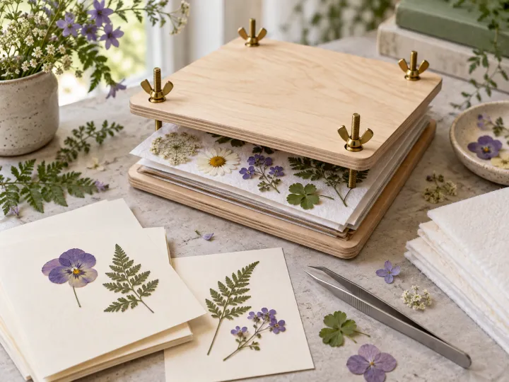A wooden flower press opened over blotting paper and botanicals beside finished pressed-flower cards.