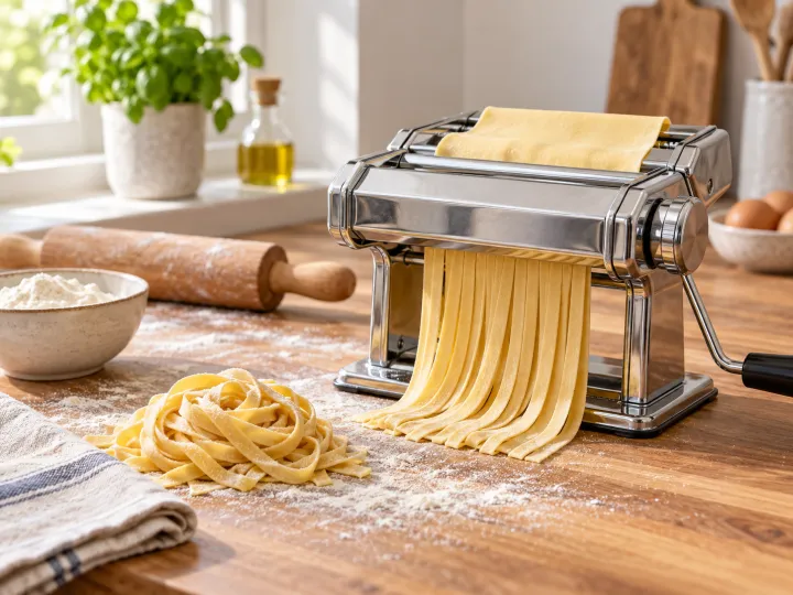 A stainless steel manual pasta machine rolling a sheet of fresh dough beside cut pasta on a wooden worktop.