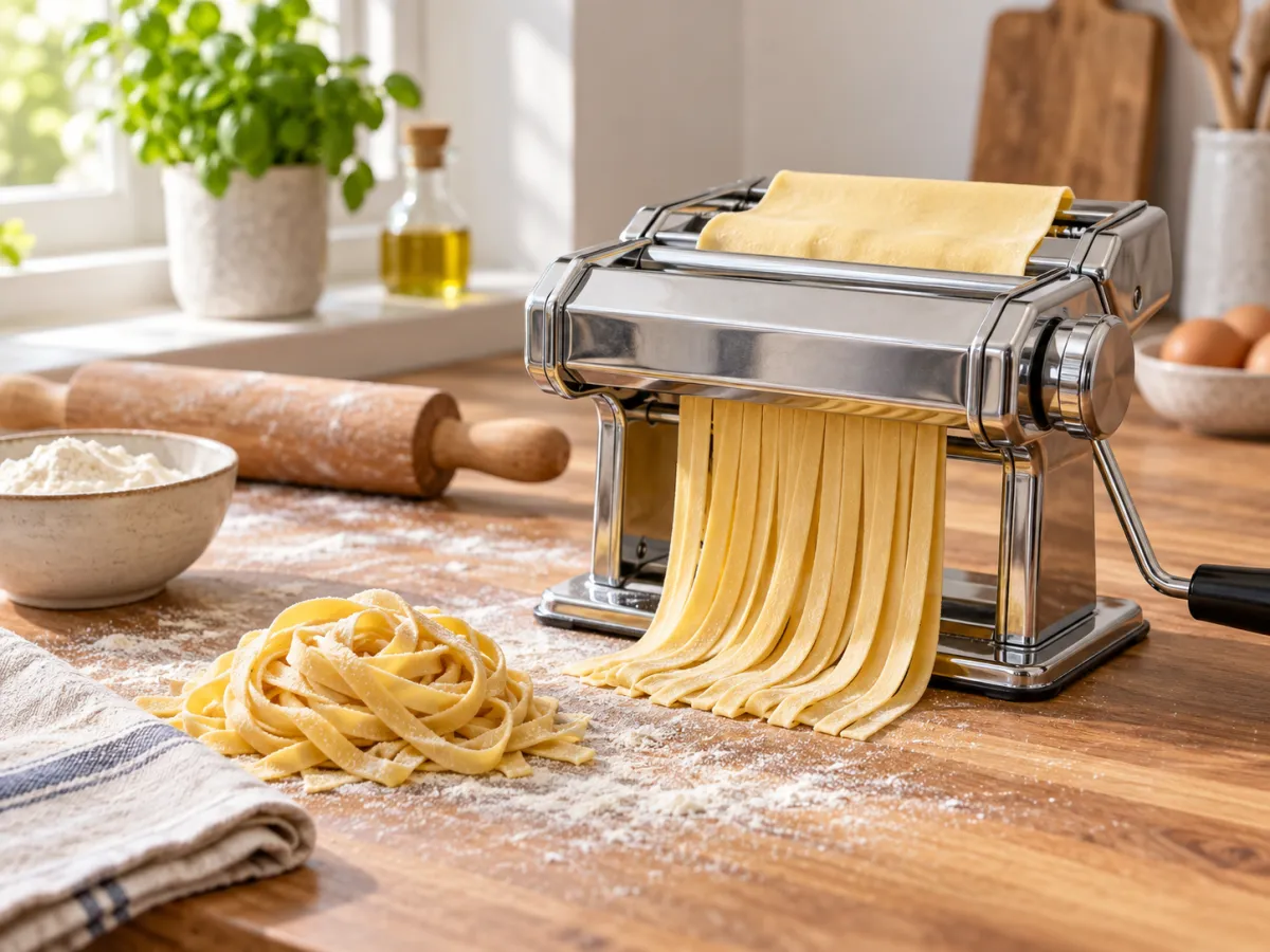 A stainless steel manual pasta machine rolling a sheet of fresh dough beside cut pasta on a wooden worktop.