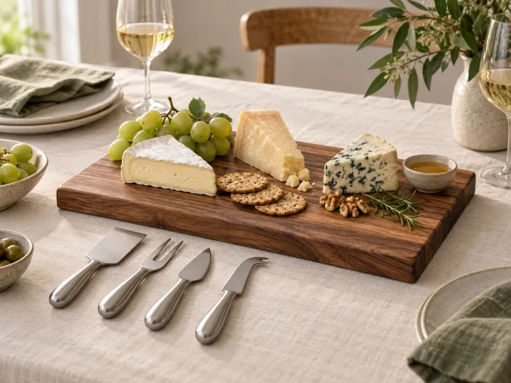 An acacia cheeseboard with four cheese tools, wedges of cheese, grapes and crackers arranged for sharing.