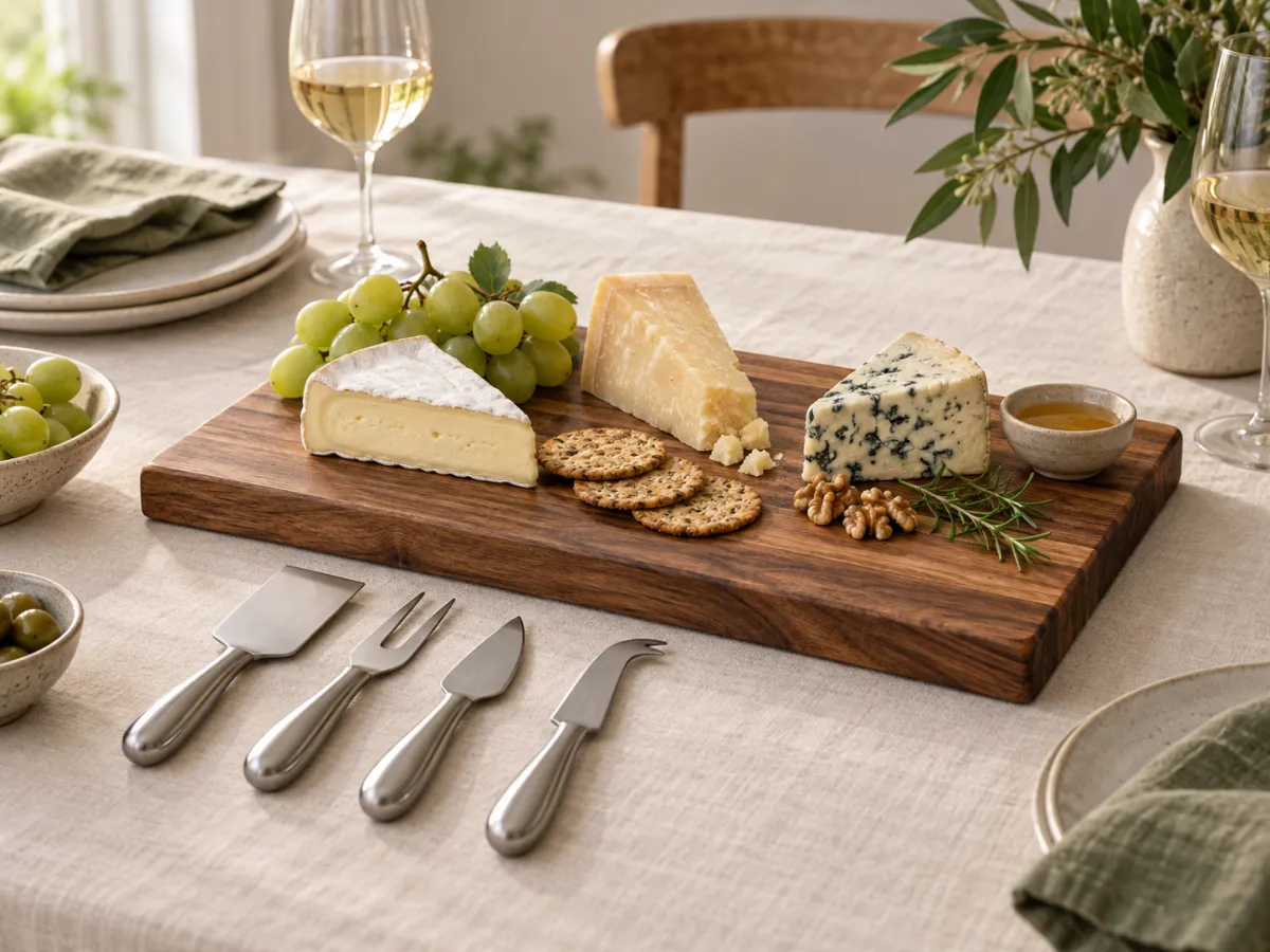 An acacia cheeseboard with four cheese tools, wedges of cheese, grapes and crackers arranged for sharing.