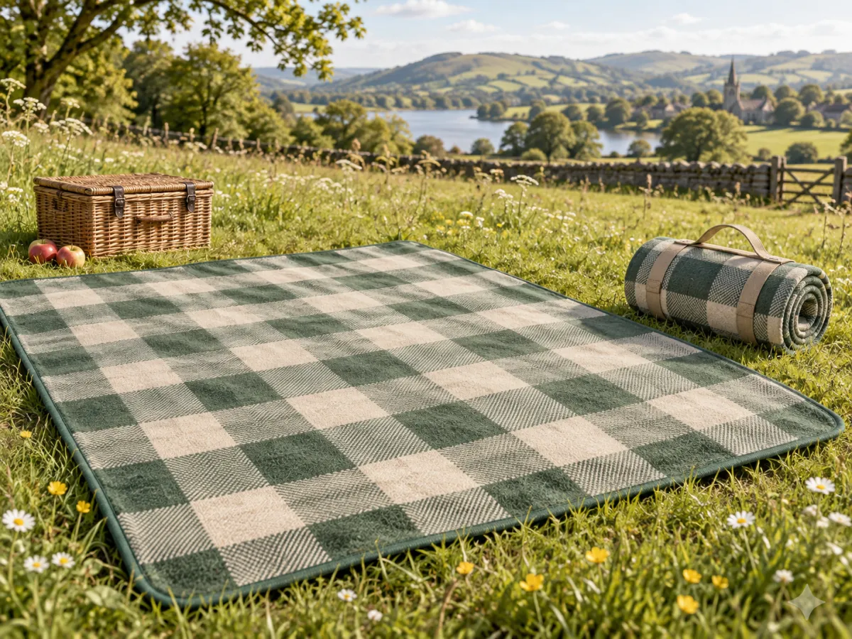 A rolled green checked picnic blanket with carry strap beside the same blanket opened on dry grass.