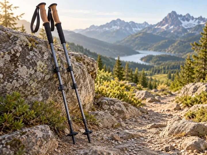 A matched pair of adjustable hiking poles with cork grips, wrist straps and trail baskets resting against a rock.